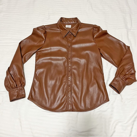 Aritzia Wilfred Mila Faux Leather Puff Sleeve Button Down Shirt Brown sz Small - Picture 7 of 15